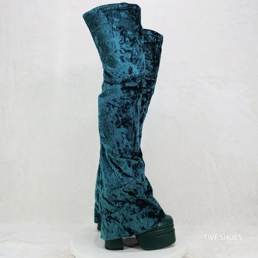 Good Will Unique Thigh High Emerald Velvet Fold over Chunky Heel Platform Boots - Picture 9 of 15
